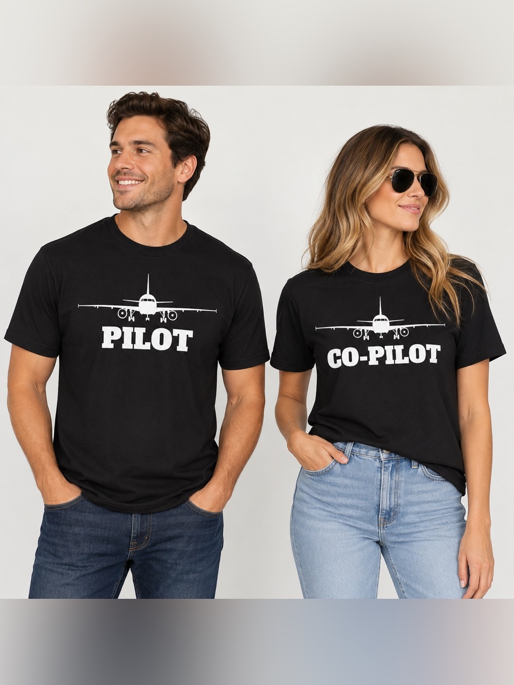 Pilot & Co-Pilot Matching TShirt Set – Black Airplane Graphic